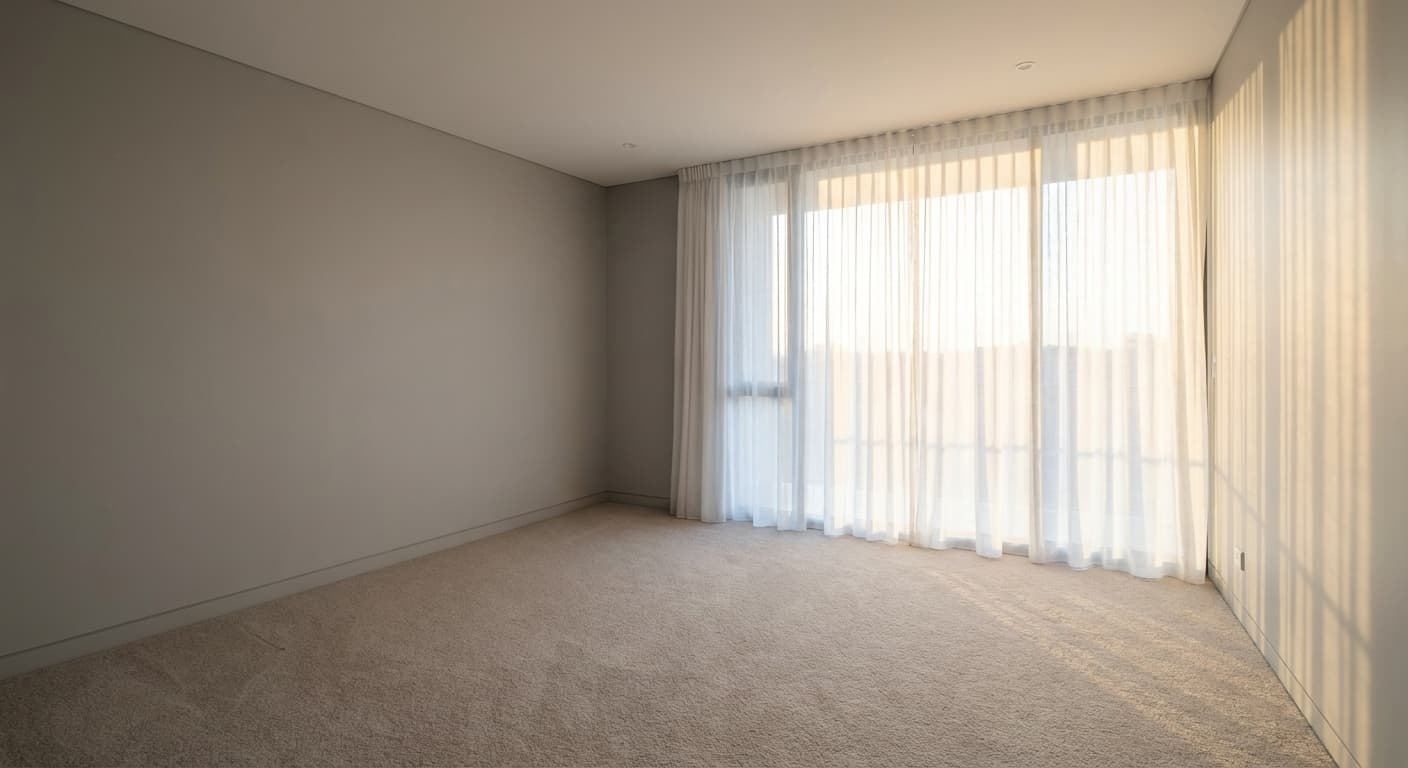An empty bedroom photographed against a bare wall