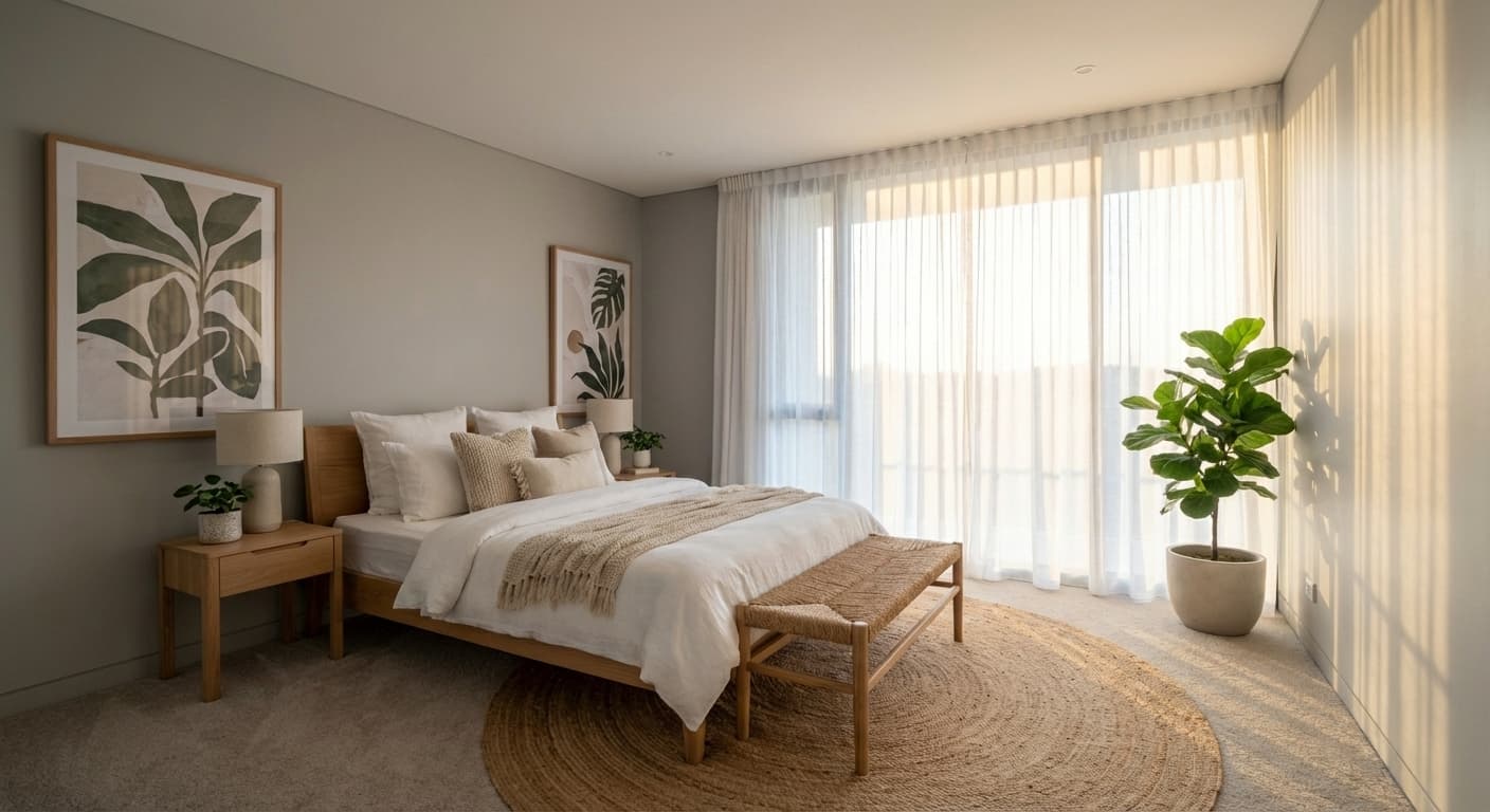 The same bedroom furnished in a warm minimal style